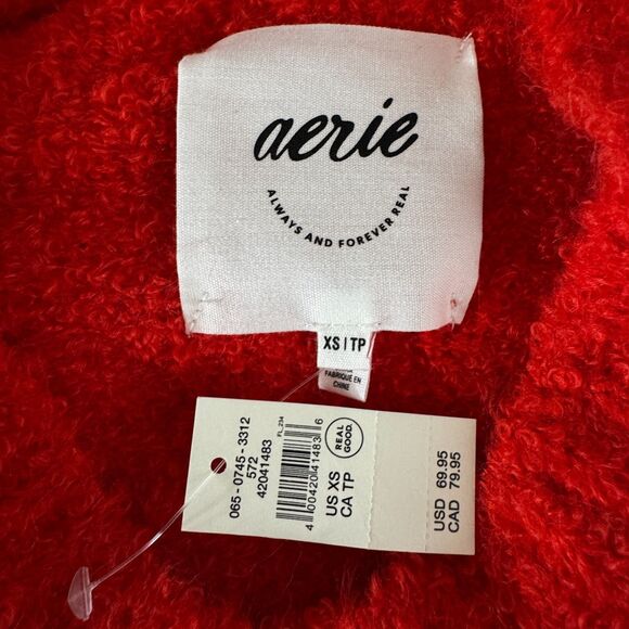 NEW Aerie Fuzzy Plush Teddy Oversized V-Neck Sweater Red Women's Size XS - Picture 3 of 11
